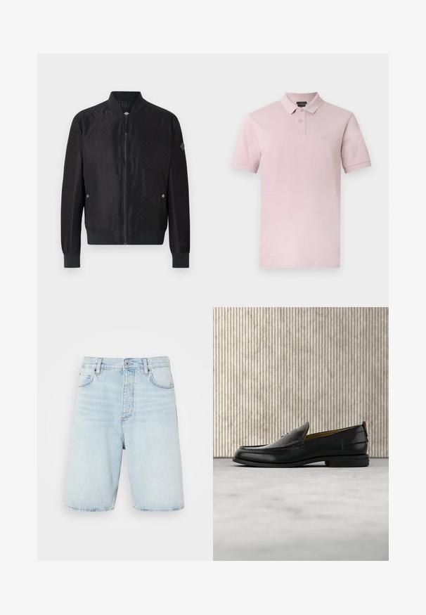 JOOP! ADAMS - Bomberjakke - black; Lyserød kortærmet poloshirt med to knapper, lille logo-patch på brystet og en klassisk krave på hvid baggrund.; Lys blå denimshorts med høj talje, knaplukning og fem-lomme stil. Har diskret falmning og lige ben.; Sort læder herreloafer med krokodillepræget forstykke og lav hæl, vist i profil på en neutral baggrund.