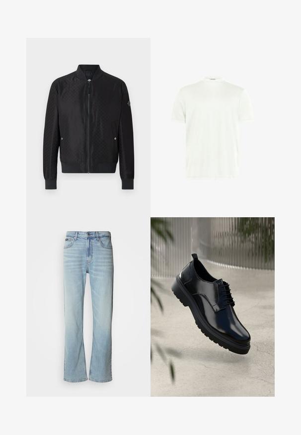 JOOP! ADAMS - Chaquetas bomber - black; Camiseta blanca de cuello redondo hecha de tela suave. Mangas cortas, sin estampados. Diseño simple con dobladillo recto y detalles mínimos.; Jeans de mezclilla azul claro con corte recto, que cuentan con cinco bolsillos, un cierre de botón y un ligero desvanecimiento en la tela.; Zapato de cuero negro con un acabado brillante, puntera redonda, diseño de cordones, costuras de contraste y una suela de goma gruesa con patrones de tracción.