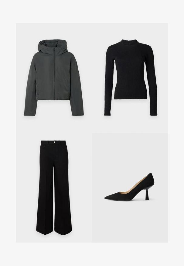 Veste en duvet courte gris anthracite avec capuche, fermeture éclair avant et manches longues, présentée sur un fond blanc.; Top noir à manches longues avec une coupe ajustée, en tissu texturé, et un col montant. Dispose d'une fermeture éclair dissimulée dans le dos.; Jean large noir fabriqué dans un tissu robuste, avec une taille haute, des poches avant et une fermeture à bouton à l'avant. Ourlet plat en bas.; Pompe à talons hauts en suède noir avec un bout pointu, dotée d'un talon bloc noir brillant et d'une doublure intérieure lisse.