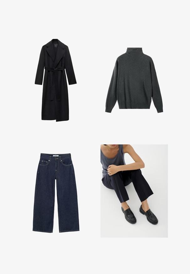 Manteau long en mélange de laine noir avec une taille ceinturée, des revers larges et des manches longues. Présente un design épuré et minimaliste avec une silhouette décontractée.; Pull à col roulé gris foncé en tissu doux, avec une coupe décontractée, des manches longues, et des poignets et ourlet côtelés. Texture lisse.; Jean denim bleu foncé à jambes larges avec poches devant, passants pour ceinture, fermeture à boutons et surpiqûres contrastantes.; Mocassins en cuir noir avec accents texturés, talon bas, bout arrondi, et coutures visibles. Modèle portant un pantalon sombre et un haut gris.