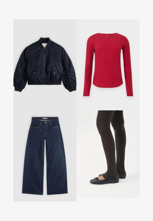 Veste bomber bleu marine avec fermeture éclair frontale, deux poches à rabat inclinées avec boutons, col, poignets et ourlet côtelés, posée à plat.; Haut rouge en maille côtelée à manches longues, col rond, ourlet incurvé, silhouette ajustée et étiquette GAP à l'intérieur du col.; Jean denim bleu foncé à jambes larges, avec poches avant, passants de ceinture et fermeture par bouton, présenté à plat sur un fond clair.; Jambes portant des leggings côtelés foncés associés à des ballerines noires avec de petits détails en nœud sur fond blanc.