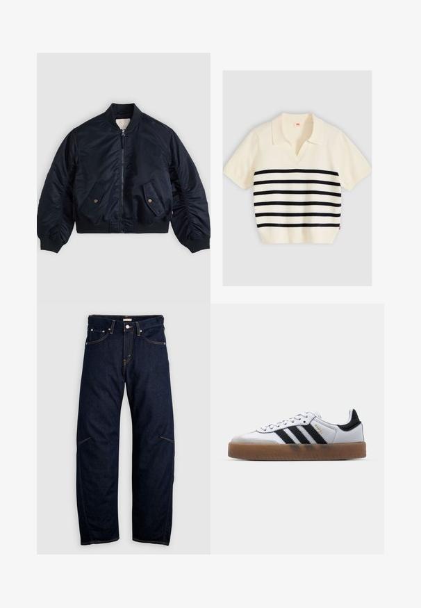Veste bomber bleu marine avec fermeture éclair frontale, deux poches à rabat inclinées avec boutons, col, poignets et ourlet côtelés, posée à plat.; Polo à manches courtes en maille crème avec rayures horizontales noires, col ouvert et ourlet côtelé, posé à plat sur un fond gris.; Jean en denim bleu foncé avec une coupe droite, doté de poches avant et arrière, et des coutures contrastantes jaunes. Aucune décoration visible.; Baskets en cuir blanc avec des rayures noires, semelle extérieure en caoutchouc beige, bout rond, fermeture lacée et embout en suède gris doux.