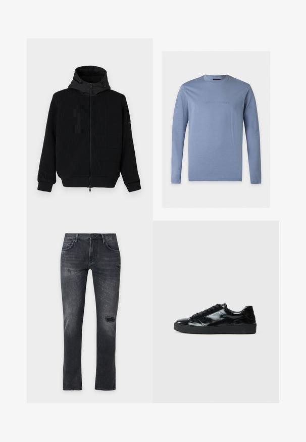 Sudadera con cremallera negra y textura acanalada, capucha suave y cordón. Presenta mangas largas y puños elásticos. Cierre frontal con cremallera.; Camiseta de manga larga azul claro con cuello redondo y logo Emporio Armani en relieve centrado en el pecho sobre fondo blanco.; Vaqueros negros de corte ajustado con agujeros desgastados y detalles de salpicaduras de pintura blanca, con bolsillos delanteros y traseros y trabillas para cinturón.; Zapatillas de charol negro con punta redonda, diseño con cordones, suela de goma texturizada y acabado suave.