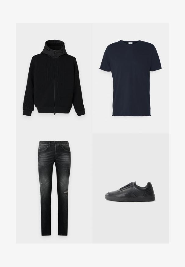 Sudadera con cremallera negra y textura acanalada, capucha suave y cordón. Presenta mangas largas y puños elásticos. Cierre frontal con cremallera.; Camiseta de algodón azul marino con cuello redondo y mangas cortas, de textura suave y diseño simple, sin patrones ni acentos visibles.; Vaqueros negros de corte ajustado con zonas sutilmente descoloridas y una pequeña rotura desgastada en el muslo derecho, estilo cinco bolsillos, con cierre de botón y cremallera.; Zapatilla negra de cuero con un acabado suave, punta redondeada, panel lateral texturizado y cordones negros. Presenta una suela de goma plana y un diseño minimalista.