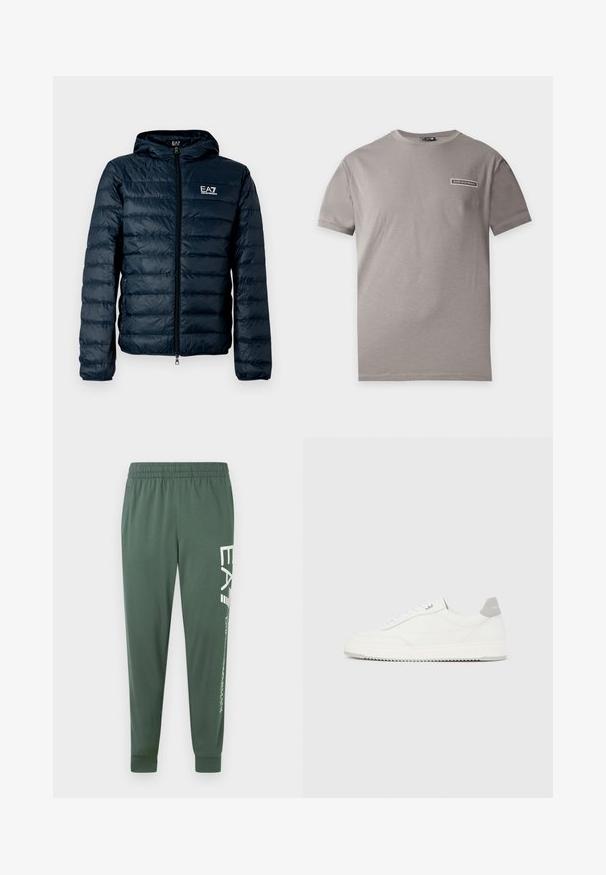 Doudoune matelassée bleu marine avec capuche, fermeture éclair à l'avant et logo EA7 sur la poitrine. Caractérisée par une texture lisse et brillante ainsi que des poignets élastiques.; T-shirt gris uni à manches courtes avec col ras du cou, avec un petit logo rectangulaire EA7 Emporio Armani sur le côté gauche de la poitrine.; Pantalon de sport vert avec une taille élastique, une coupe effilée et un logo blanc le long de la jambe gauche ; tissu lisse et léger.; Baskets basses blanches avec un onglet de talon gris, des lacets blancs et une semelle texturée, présentées sur un fond uni clair.