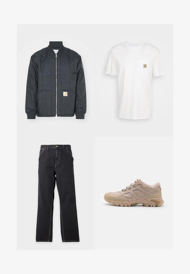 Veste matelassée noire avec fermeture éclair à l'avant, poignets côtelés et col montant. Elle dispose de deux poches latérales et d'un petit patch logo sur la poche.; T-shirt en coton blanc à manches courtes, avec une poche poitrine et un petit patch logo carré en orange et blanc sur la poche.; Jean noir à coupe droite avec poches avant, passants de ceinture et coutures blanches visibles sur un fond gris clair uni.; Baskets de sport beiges avec une tige en maille texturée, revêtement synthétique et semelle extérieure Vibram. Comprend un système de laçage et des détails sur les panneaux latéraux.