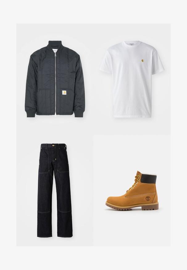 Veste matelassée noire avec fermeture éclair à l'avant, poignets côtelés et col montant. Elle dispose de deux poches latérales et d'un petit patch logo sur la poche.; T-shirt en coton blanc à manches courtes, col rond, avec un petit logo doré sur la poitrine gauche. Texture douce et coupe régulière.; Pantalon en denim bleu foncé avec une coupe droite, doté de coutures jaunes et de poches avant. Le tissu semble solide et texturé.; Bottine en cuir brun avec œillets en métal, doublure en fourrure blanche, col rembourré noir, semelle robuste et logo en relief sur le côté.