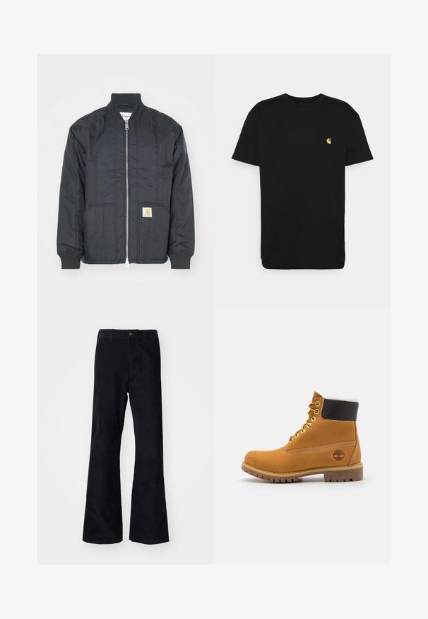 Veste matelassée noire avec fermeture éclair à l'avant, poignets côtelés et col montant. Elle dispose de deux poches latérales et d'un petit patch logo sur la poche.; T-shirt en coton noir à manches courtes, col rond, avec un petit logo jaune sur la partie gauche de la poitrine. Design simple et coupe régulière.; Pantalons évasés noirs en coton avec une taille traditionnelle, un bouton à l'avant et des poches sur les côtés et à l'arrière. Texture lisse.; Bottine en cuir brun avec œillets en métal, doublure en fourrure blanche, col rembourré noir, semelle robuste et logo en relief sur le côté.