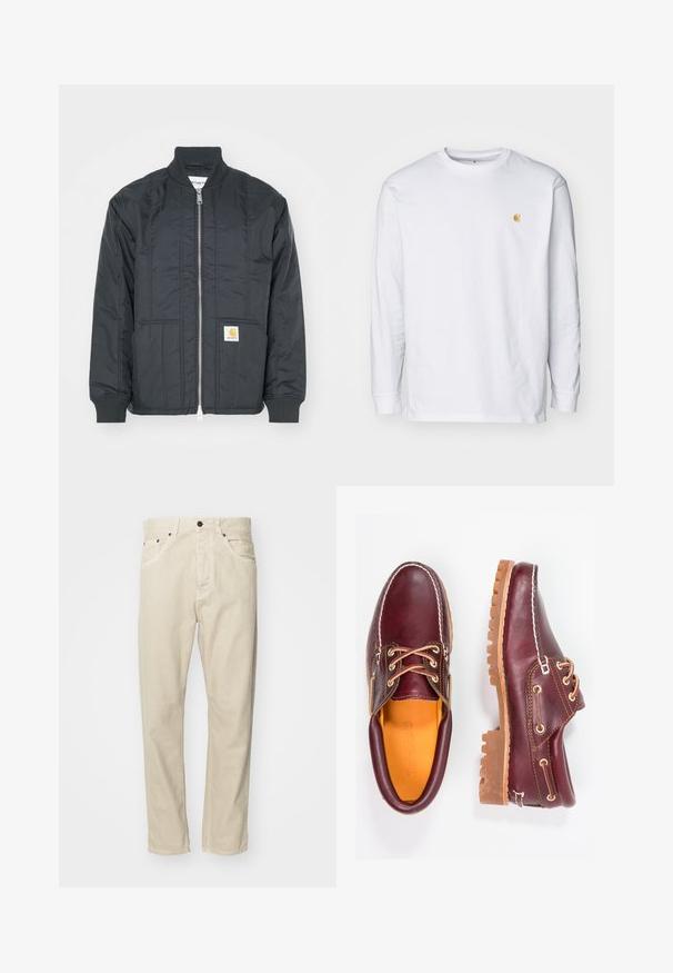 Veste matelassée noire avec fermeture éclair à l'avant, poignets côtelés et col montant. Elle dispose de deux poches latérales et d'un petit patch logo sur la poche.; T-shirt à manches longues blanc en coton. Présente un petit logo doré sur la poitrine et un col rond. Design simple et coupe standard.; Pantalons en coton beige avec une coupe droite, cinq poches et des accents en métal. Texture lisse avec des détails de couture minimaux.; Chaussures en cuir bourgogne avec semelles en caoutchouc marron, bout rond, couture blanche et œillets dorés. L'intérieur présente une doublure jaune.