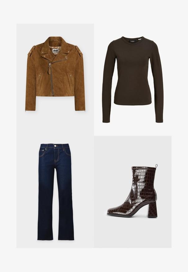 Veste courte de motard en daim marron avec fermeture éclair asymétrique, col à revers, poches zippées et épaulettes ornées d'étoiles.; T-shirt à manches longues moulant de couleur marron foncé avec col rond, design simple et texture de tissu lisse, présenté sur un fond blanc uni.; Jean en denim bleu foncé avec une coupe droite, fermeture frontale à boutons et détail de coutures orange visibles.; Bottine en cuir verni marron foncé, avec texture crocodile, talon carré et tirant à l'arrière sur fond blanc.
