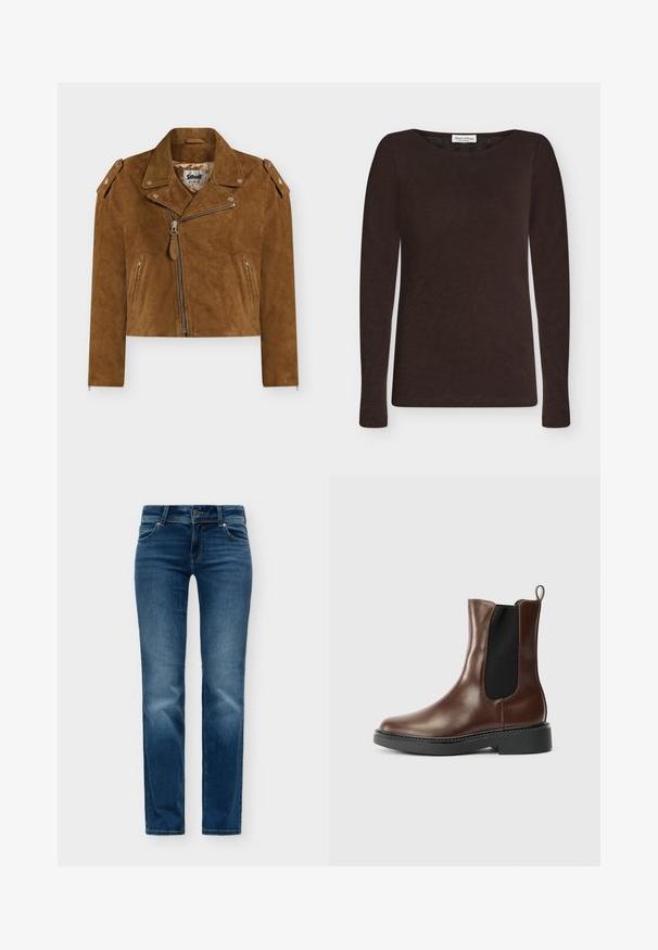 Veste courte de motard en daim marron avec fermeture éclair asymétrique, col à revers, poches zippées et épaulettes ornées d'étoiles.; Chemise marron foncé à manches longues et col rond, confectionnée dans un tissu léger avec une coupe ajustée et sans motifs ni décorations visibles.; Jean en denim bleu avec un design classique à cinq poches, fermeture par bouton et fermeture éclair, et légère décoloration sur les cuisses et les genoux avant.; Bottine Chelsea en cuir marron avec panneau latéral élastique noir, semelle noire et languette à l'arrière sur fond blanc uni.