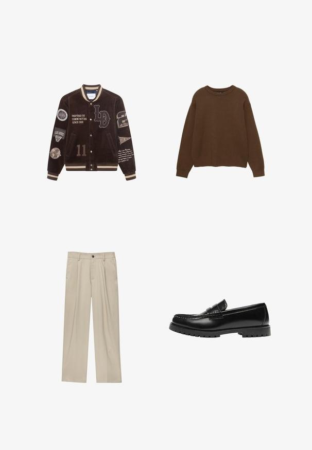 Veste varsity en velours côtelé marron avec des rayures crème contrastantes, plusieurs patchs et texte brodé. Comprend des boutons-pression et deux poches latérales.; Pull en tricot marron avec un col rond, des manches longues et une coupe décontractée. Texture lisse avec des poignets et un ourlet côtelés.; Pantalon beige à coupe droite, doté d'un seul bouton noir, de passants de ceinture et de poches latérales. Texture de tissu lisse et design minimaliste.; Mocassin en cuir noir avec une semelle en caoutchouc épaisse et un détail classique de bride à monnaie, vu de côté extérieur.
