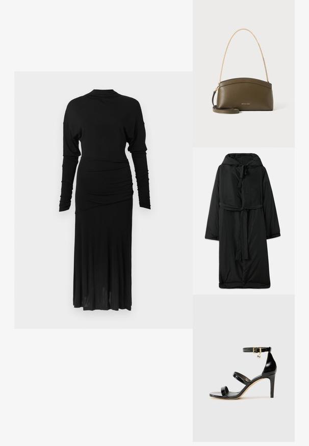 Abrigo largo negro acolchado con capucha, cierre con lazo y mangas amplias. Textura suave con cintura ceñida y dobladillo recto.; Vestido negro de manga larga con cuello alto, detalles fruncidos en los costados y falda fluida. Hecho de tela suave y elástica.; Sandalia de charol negro con tres correas, hebilla en el tobillo y tacón de aguja de 10 cm. Presenta detalles de hardware en oro y un charm con el logo.; Bolso de mano Michael Kors verde oliva con correa de cadena dorada para el hombro, parte superior curvada y pequeño logo dorado en el frente, mostrado sobre fondo blanco.