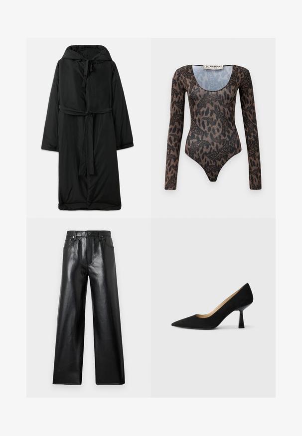 Abrigo largo negro acolchado con capucha, cierre con lazo y mangas amplias. Textura suave con cintura ceñida y dobladillo recto.; Bodysuit de manga larga con estampado abstracto de serpiente y animales en tonos marrón y negro, escote redondo y etiqueta de Fiorucci Milano en el interior del cuello.; Pantalones de cuero sintético negro de tiro alto y pierna ancha con botón frontal, cierre de cremallera y bolsillos delanteros y traseros sobre fondo gris claro.; Zapato de tacón alto de ante negro con punta afilada, que cuenta con un tacón de bloque negro brillante y un forro interior suave.