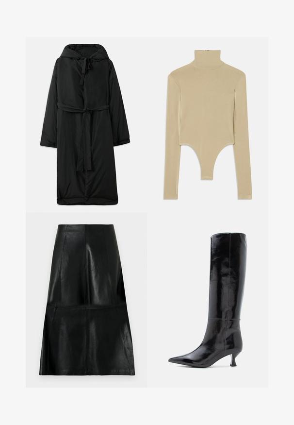 Langer schwarzer gepolsterter Mantel mit Kapuze, Bindegürtel und weiten Ärmeln. Glatte Textur mit tailliertem Schnitt und geradem Saum.; Beige Langarm-Turtleneck-Oberteil aus glattem Stoff, mit einem ausgeschnittenen Unterteil, das eine körpernahe Passform und ein minimalistisches Design aufweist.; Schwarzer kniehoher Lederminirock mit vertikalen und horizontalen Nähten in Paneel-Optik, am Saum leicht ausgestellt.; Schwarze Lederstiefel bis zum Knie mit glänzender Oberfläche, spitzer Zehe und kleinem, quadratischen Absatz. Glatte Textur, minimale Nähdetails.