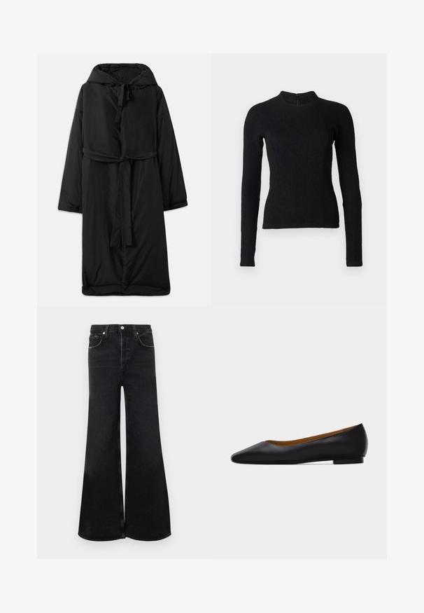 Abrigo largo negro acolchado con capucha, cierre con lazo y mangas amplias. Textura suave con cintura ceñida y dobladillo recto.; Top negro de manga larga con un diseño ajustado, tejido texturizado y un cuello alto. Cuenta con una cremallera oculta en la parte de atrás para el cierre.; Pantalones vaqueros negros de pierna ancha hechos de mezclilla, con cintura alta, diseño clásico de cinco bolsillos y cierre de botón en la parte delantera.; Zapato plano de punta puntiaguda de cuero negro con tacón bajo y acabado liso, mostrado de perfil sobre un fondo gris claro.