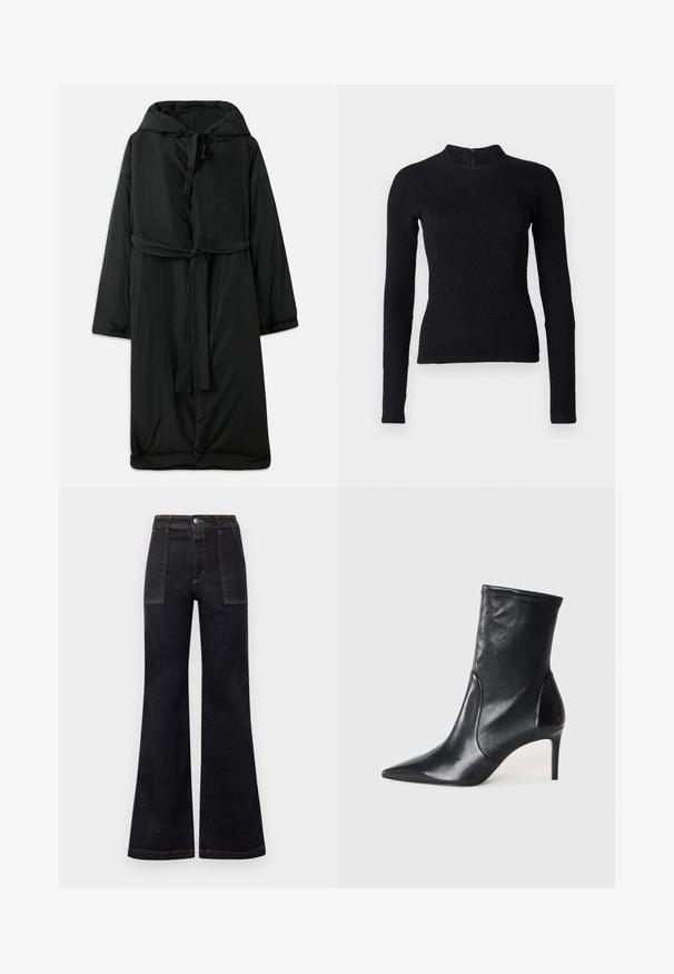 Abrigo largo negro acolchado con capucha, cierre con lazo y mangas amplias. Textura suave con cintura ceñida y dobladillo recto.; Top negro de manga larga con un diseño ajustado, tejido texturizado y un cuello alto. Cuenta con una cremallera oculta en la parte de atrás para el cierre.; Vaqueros de mezclilla oscuros acampanados con una cintura alta, con costuras naranjas y dos bolsillos frontales. Textura suave, acabado limpio, diseño clásico.; Botas negras hasta el tobillo hechas de cuero suave, con punta afilada, caña ajustada y tacón alto delgado. Diseño minimalista sin herrajes visibles.