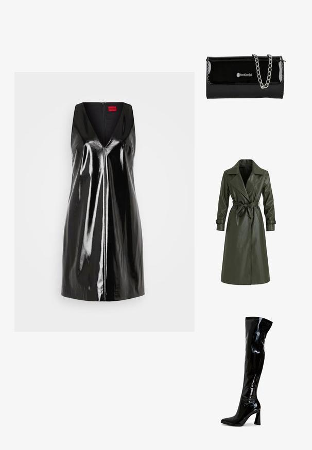 Olivgroene lange trenchcoat van glanzend vinyl. Voorzien van een reverskraag, dubbele knopenrij en een tailleceintuur voor aanpassing.; Zwarte mouwloze jurk met een V-hals en glanzende, reflecterende afwerking; heeft een centrale ritssluiting en een minimalistisch design.; Zwarte laarzen van lakleer die tot over de knie reiken, met een puntige neus, een blokhak en een glad, glanzend oppervlak. Zonder zichtbare hardware.; Zwarte gepatenteerde neplederen clutch met een zilveren kettingstrap, voorzien van een flap sluiting en logo detail aan de voorkant. Rechthoekige vorm.