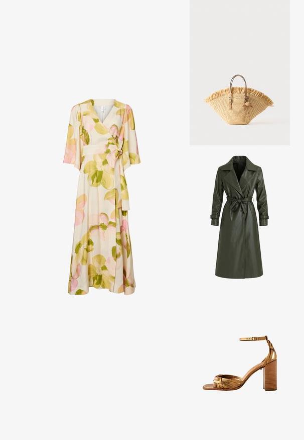 Olivengrøn, lang trenchcoat lavet af blank vinyl. Har en reverskrave, dobbeltradede knapper og et bælte i taljen til justering.; Slå-om-kjole med korte ærmer i cremefarvet stof med store grønne og pink blomstertryk og bælte med bindebånd i siden.; Guldfarvet sandal med stropper, ankelspænde og blokhæl, med flettede stropper over tæerne og en trætekstureret hæl.; Flettet stråtaske med frynset øverste kant, to tan læderhåndtag med spælsdetaljer og en læder kvast som tilbehør.