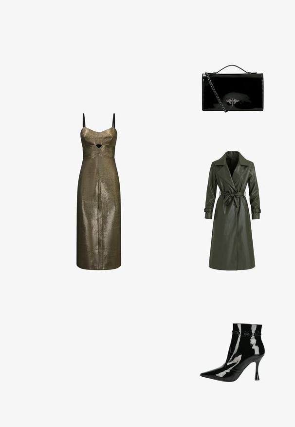 Olivgroene lange trenchcoat van glanzend vinyl. Voorzien van een reverskraag, dubbele knopenrij en een tailleceintuur voor aanpassing.; Metallic bronzen midi-jurk met dunne zwarte bandjes en een kleine frontale uitsnede onder de buste in een gestructureerde stof.; Zwarte gepatineerde leren enkelboot met puntige neus, glanzende afwerking, slank ontwerp en een smalle stilettohak. Decoratieve riemaccenten.; Zwarte patenten leren handtas met een kettinghengsel, voorzien van een decoratief metalen bij-embleem aan de voorkant. Ronde vorm met glanzende afwerking.