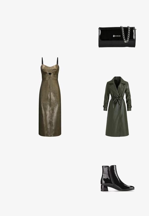 Olivgroene lange trenchcoat van glanzend vinyl. Voorzien van een reverskraag, dubbele knopenrij en een tailleceintuur voor aanpassing.; Metallic bronzen midi-jurk met dunne zwarte bandjes en een kleine frontale uitsnede onder de buste in een gestructureerde stof.; Zwarte gepatineerde leren enkellaarzen met een puntige neus, zijrits en een blokhak. Glad textuur met een hoogglanzende afwerking.; Zwarte gepatenteerde neplederen clutch met een zilveren kettingstrap, voorzien van een flap sluiting en logo detail aan de voorkant. Rechthoekige vorm.