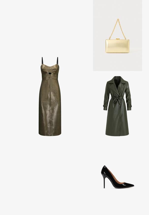 Olivgrüner, langer Trenchcoat aus glänzendem Vinyl. Verfügt über einen Reverskragen, doppelreihige Knöpfe und einen Taillengürtel zur Anpassung.; Metallic bronze Midi-Kleid mit dünnen schwarzen Trägern und kleinem Ausschnitt vorne unter der Brust aus strukturiertem Stoff.; Schwarze Lackleder High-Heel-Pumps mit spitzer Zehe und schlanker Silhouette. Verfügt über einen Stiletto-Absatz und ein glattes Innenfutter.; Rechteckige goldene Clutch mit glänzender Oberfläche, Metallverschluss und kurzem goldenen Kettenhenkel vor hellem, einfarbigem Hintergrund.