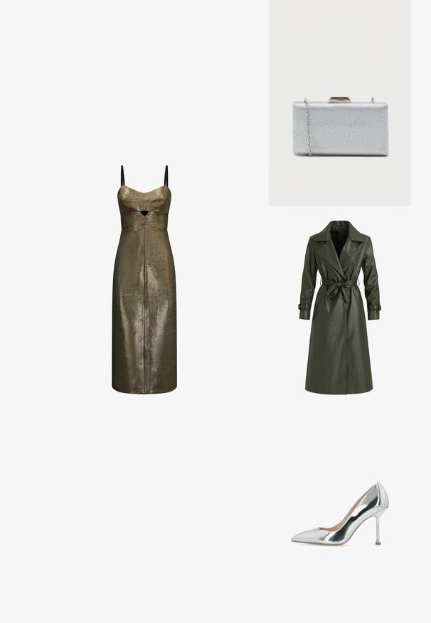Olivgroene lange trenchcoat van glanzend vinyl. Voorzien van een reverskraag, dubbele knopenrij en een tailleceintuur voor aanpassing.; Metallic bronzen midi-jurk met dunne zwarte bandjes en een kleine frontale uitsnede onder de buste in een gestructureerde stof.; Zilverkleurige metallic pump met scherpe neus, hoge hak en een slanke naaldhak, met een gladde, glanzende afwerking.; Rechthoekige zilveren clutch gemaakt van textuur metaalachtig stof, met een haaksluiting en een afneembare kettingriem om te dragen.