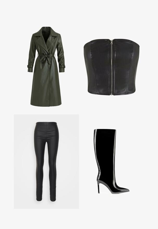 Olivgroene lange trenchcoat van glanzend vinyl. Voorzien van een reverskraag, dubbele knopenrij en een tailleceintuur voor aanpassing.; Zwarte leren korsettop met een gestructureerde pasvorm. Bevat een centrale zilveren rits en naaddetailing langs het lijfje. Glad materiaal.; ONLY Tall ONLROCK LIFE COATED SKIN - Legging - black; Zwarte lakleren laars tot aan de knie met spitse neus en naaldhak, strak en glanzend oppervlak.
