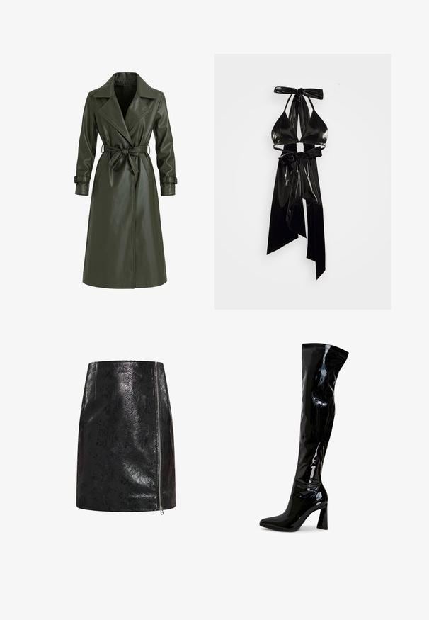 Olivgroene lange trenchcoat van glanzend vinyl. Voorzien van een reverskraag, dubbele knopenrij en een tailleceintuur voor aanpassing.; ÚCHÈ By Amber BOWKINI - Top - black; Zwarte, kunstlederen mini-rok met een glanzende afwerking, voorzien van een zijrits en een reliëf slangenhuidpatroon.; Zwarte laarzen van lakleer die tot over de knie reiken, met een puntige neus, een blokhak en een glad, glanzend oppervlak. Zonder zichtbare hardware.