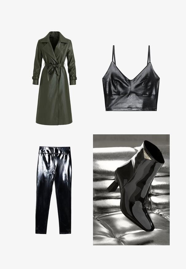 Olivengrøn, lang trenchcoat lavet af blank vinyl. Har en reverskrave, dobbeltradede knapper og et bælte i taljen til justering.; Sorte, skinnende bralette med tynde justerbare stropper, der har en V-udskæring, glat tekstur og subtil samling ved brystet for form.; Sorte højglans leggings med en blank, glat overflade. Elastisk talje og tætsiddende design med en indsnævret benform.; Sorte patentlæder ankelstøvler med spids tå og firkantet hæl. Har en guld logo-plade og en glat, blank finish.