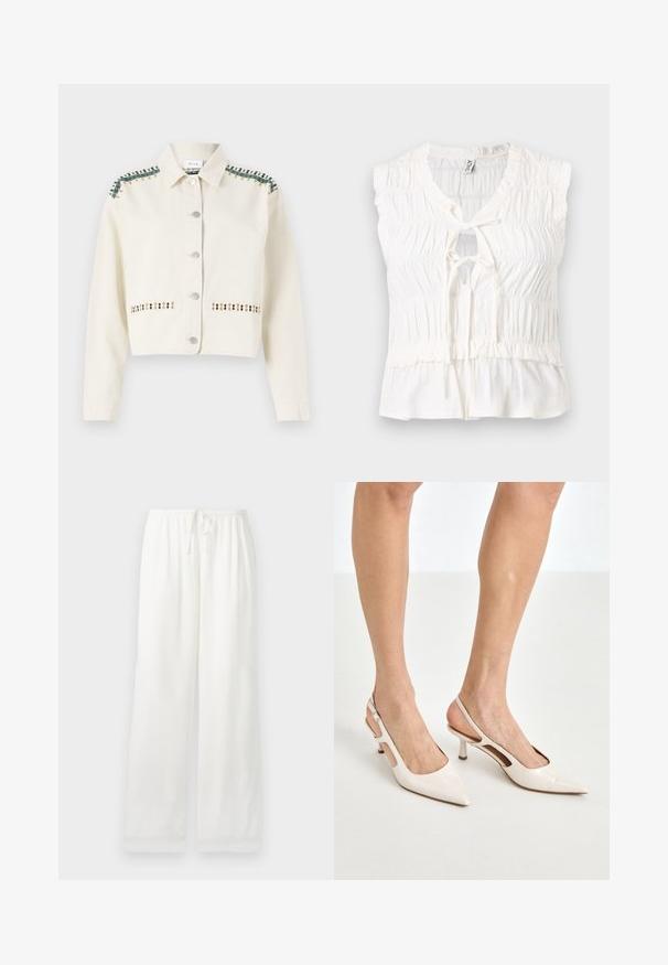 Veste courte en crème en denim, avec des finitions vertes et des coutures décoratives en doré et noir le long des poches et des épaules.; Blouse blanche sans manches en tissu froncé, avec encolure goutte d'eau et détail noué à l'avant, avec un ourlet légèrement évasé.; Pantalon blanc à coupe ample avec taille élastique et cordon de serrage, jambes larges et droites, présenté sur un fond clair uni.; Escarpins à talon slingback en cuir verni beige avec un bout pointu et un talon de 5 cm, présentant des côtés découpés et une fine bride à la cheville.