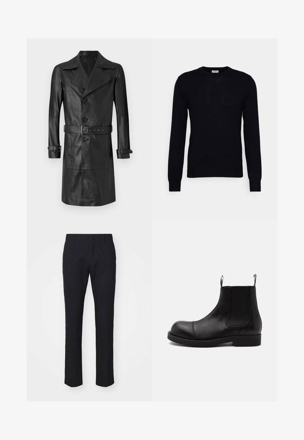 Abrigo trench de cuero negro con un frente de doble botonadura, gran cuello, cintura ceñida por un cinturón y correas en los puños. Textura suave, diseño hasta la rodilla.; Suéter negro de manga larga hecho de un suave material de punto. Escote redondo, puños y dobladillo acanalados. Diseño minimalista sin patrones ni botones visibles.; Pantalones navy con un corte entallado, hechos de una tela suave. Cuentan con un frente plano, trabillas para un cinturón y piernas rectas con un dobladillo limpio.; Bota Chelsea de cuero negro con punta redondeada, paneles laterales elásticos, tiradores delante y detrás, suela plana, mostrada de lado sobre fondo blanco.