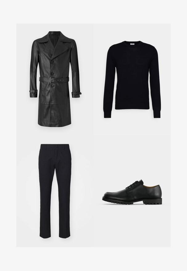 Sort læder trenchcoat med dobbeltknaplukning, stort krave, bælte i taljen og manchetremme. Glat tekstur, knælang design.; Sort langærmet sweater lavet af blødt strikket materiale. Rund halsudskæring, ribbede manchetter og kant. Minimalistisk design uden synlige mønstre eller knapper.; Marinebukser i skræddersyet snit, lavet af glat stof. Har flad front, bæltestropper og lige ben med en ren kant.; Sort lædersko med snørebånd, tyk rillede sål og lav hæl vist på en hvid baggrund.