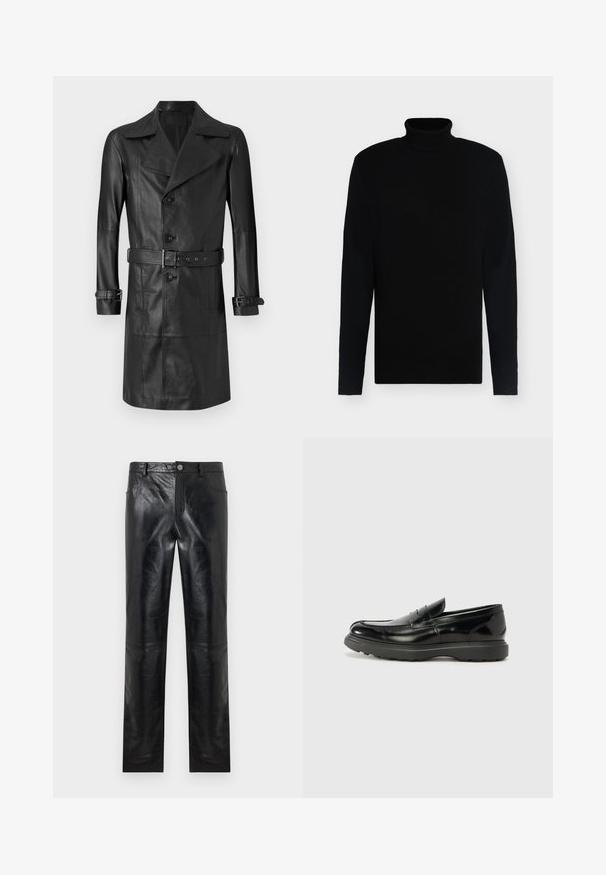 Sort læder trenchcoat med dobbeltknaplukning, stort krave, bælte i taljen og manchetremme. Glat tekstur, knælang design.; Sort langærmet rullekravetrøje med slank pasform og ribbet halskrave på hvid baggrund.; Sorte læderbukser med lige ben, knaplukning, bæltestropper og forlommer, vist mod en hvid baggrund.; Sort læderloafer med en blank finish, rund tå, subtile syninger og en tyk gummisål for holdbarhed.