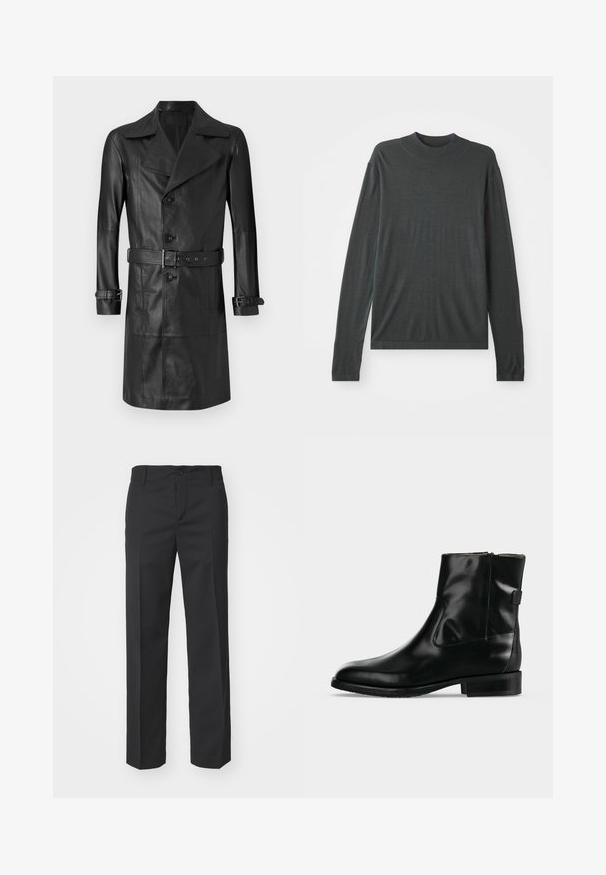 Sort læder trenchcoat med dobbeltknaplukning, stort krave, bælte i taljen og manchetremme. Glat tekstur, knælang design.; Mørkegrå langærmet strikket sweater med høj, ribbet krave. Blød tekstur, afslappet pasform og ingen synlige mønstre eller hardwaredetaljer.; Filippa K TROY TROUSERS - Bukser - black; Sort læder ankelstøvle med lav hæl og sidelås, vist mod en ensartet lys grå baggrund.
