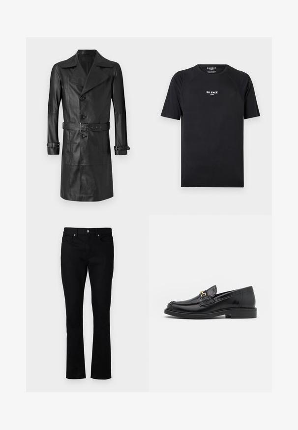 Sort læder trenchcoat med dobbeltknaplukning, stort krave, bælte i taljen og manchetremme. Glat tekstur, knælang design.; Sort kortærmet t-shirt lavet af glat stof, med rund hals og et hvidt "SILENCE" logo på brystet.; Sorte denim jeans med lige ben, der har en mid-rise talje, fem lommer og metalhardware detaljer. Glat tekstur.; Sorte læder loafers med en rund tå, der har guld hardware accent og syningsdetaljer, placeret på en lav, tekstureret gummisål.