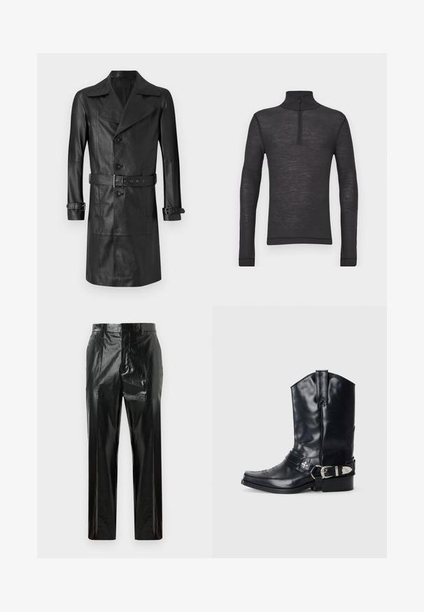 Abrigo trench de cuero negro con un frente de doble botonadura, gran cuello, cintura ceñida por un cinturón y correas en los puños. Textura suave, diseño hasta la rodilla.; Camisa negra de manga larga y cuello alto, hecha de un tejido texturizado, con un medio cierre en el cuello y mangas ajustadas.; Pantalones rectos de vinilo negro brillante con lazos para cinturón, cierre frontal oculto y detalles de pliegues marcados.; Bota de vaquero de cuero negro con punta afilada, caña alta, costuras decorativas y herrajes de hebilla plateada en la correa. Acabado texturizado.