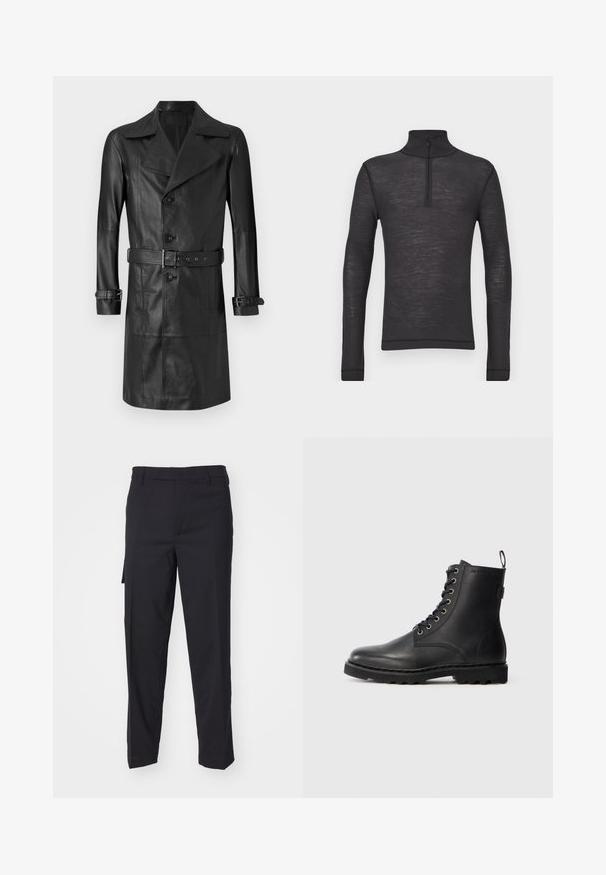 Schwarzer Leder-Trenchcoat mit doppelter Knopfleiste, großem Kragen, tailliertem Gürtel und Riegeln an den Ärmeln. Glatte Textur, knielanges Design.; Schwarzes Langarm-Turtleneck-Shirt aus einem strukturierten Stoff, mit einem Halbreißverschluss am Kragen und eng anliegenden Ärmeln.; Schwarze Hose aus einem glatten, gewebten Stoff. Sie hat einen geraden Schnitt, eine schmale Passform, Gürtelschlaufen und eine Seitentasche.; Schwarze Lederstiefelette mit runder Zehenform, Schnürdesign und Metallösen. Verfügt über eine strukturierte Sohle und einen Zuglasche an der Ferse für einfachen Einstieg.