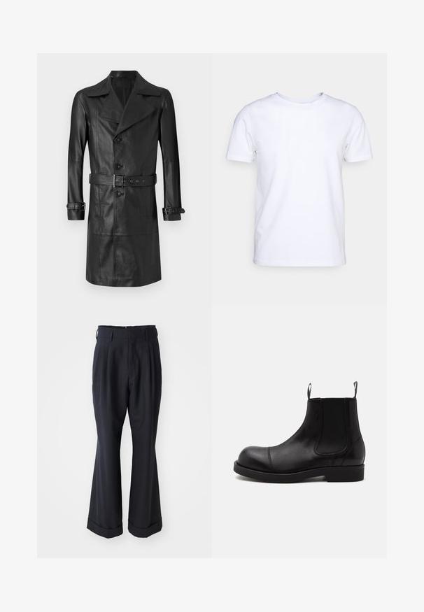 Schwarzer Leder-Trenchcoat mit doppelter Knopfleiste, großem Kragen, tailliertem Gürtel und Riegeln an den Ärmeln. Glatte Textur, knielanges Design.; Weißes T-Shirt mit kurzen Ärmeln aus Baumwollstoff und rundem Halsausschnitt. Schlichtes Design ohne Muster oder Akzente. Glatte Textur.; Schwarze, maßgeschneiderte Hosen mit lockerer Passform, gefaltetem Vorderteil und weitem Bein. Mit einem umgeschlagenen Saum und glattem Stoffgefühl.; Schwarzer Chelsea-Boot aus Leder mit abgerundeter Spitze, elastischen Seiteneinsätzen, Zugschlaufen vorn und hinten, flacher Sohle, seitlich auf weißem Hintergrund abgebildet.