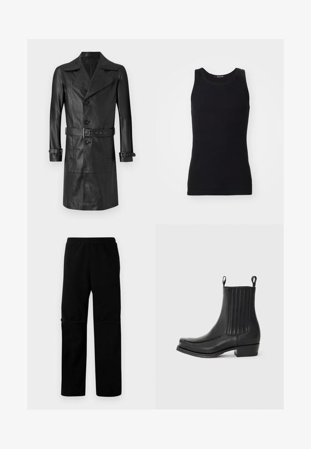Mustast nahast trench coat, millel on kahekordne eesmine nööpide rida, suur krae, vöökoht ning mansettide rihmad. Sile tekstuur, põlvepikkune disain.; Musta tank top, valmistatud siledast ja venivast materjalist. Omab ümarat kaelust ja ilma varrukateta disaini, sobib peene lõike ja lihtsa välimusega.; Mustmust hamefliisidega mustad püksid, mis on otse lõikega. Sile tekstuur, ilma nähtavate mustriteta või lisanditega.; Mustadast nahast pahkluunid, sileda viimistlusega, elastsete külgpanelitega, peene õmblusega varvaste juures ja plokkkandiga konts.
