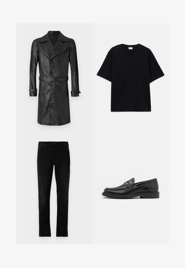 Schwarzer Leder-Trenchcoat mit doppelter Knopfleiste, großem Kragen, tailliertem Gürtel und Riegeln an den Ärmeln. Glatte Textur, knielanges Design.; Schwarzes, oversized T-Shirt mit kurzen Ärmeln und rundem Ausschnitt, mit sichtbarem Filippa K Markenlabel im Kragen.; Schwarze Denim-Jeans mit geradem Bein, Fünf-Taschen-Design und normalem Bund, ausgestattet mit dezenten Nähdetails.; Schwarze Lederleter mit einer abgerundeten Zehenpartie, ausgestattet mit goldenen Hardwareakzenten und Stichdetails, auf einer niedrigen, strukturierten Gummisohle.