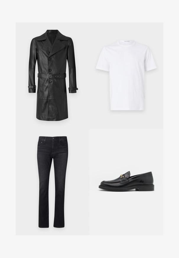 Sort læder trenchcoat med dobbeltknaplukning, stort krave, bælte i taljen og manchetremme. Glat tekstur, knælang design.; Hvid bomulds t-shirt med rund halsudskæring og korte ærmer. Glat tekstur, lige snit og minimalistisk design uden mønstre eller accenter.; Mørke denim jeans med lige ben, der har et klassisk femlomme-design og diskret syning. Stoffet har en glat overflade.; Sorte læder loafers med en rund tå, der har guld hardware accent og syningsdetaljer, placeret på en lav, tekstureret gummisål.