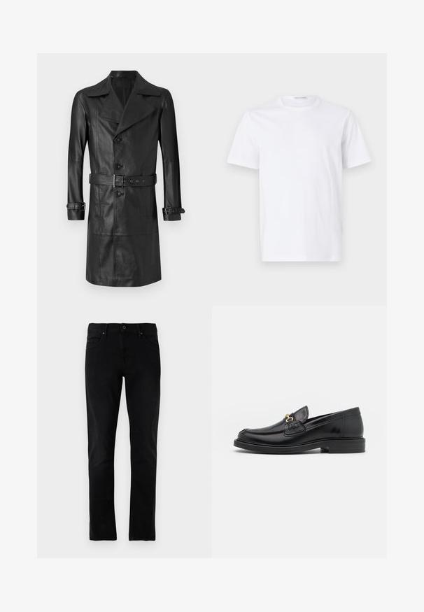 Sort læder trenchcoat med dobbeltknaplukning, stort krave, bælte i taljen og manchetremme. Glat tekstur, knælang design.; Hvid bomulds t-shirt med rund halsudskæring og korte ærmer. Glat tekstur, lige snit og minimalistisk design uden mønstre eller accenter.; Sorte denim jeans med lige ben-design, fem-lomme stil og standard talje, med subtile syninger.; Sorte læder loafers med en rund tå, der har guld hardware accent og syningsdetaljer, placeret på en lav, tekstureret gummisål.