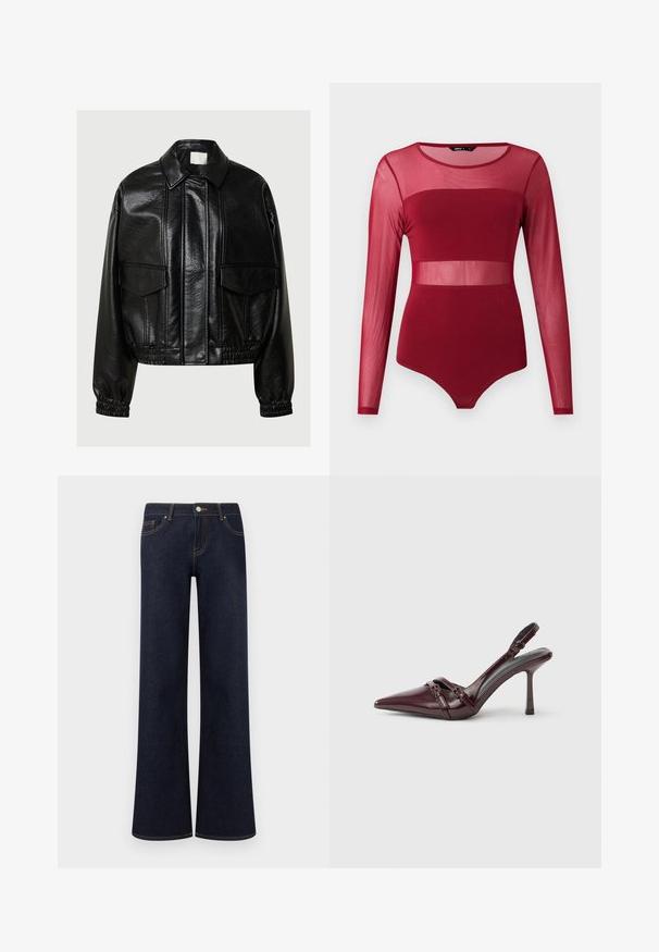 Sort kunstlæderjakke med spids krave, frontlommer med flap, elastiske manchetter og elastisk nederste kant på en grå baggrund.; Langærmet burgundy bodystocking med transparente meshpaneler på øvre bryst, talje og ærmer, med rund halsudskæring og tætsiddende pasform.; Mørkeblå vidde denimjeans med forlommer, knap- og lynlåslukning samt synlige kontrastsyninger.; Bourgogne laklæder slingback-hæl med spids tå, tynd ankelrem og lille dekorativ spænde. Glat tekstur og høj hæl.