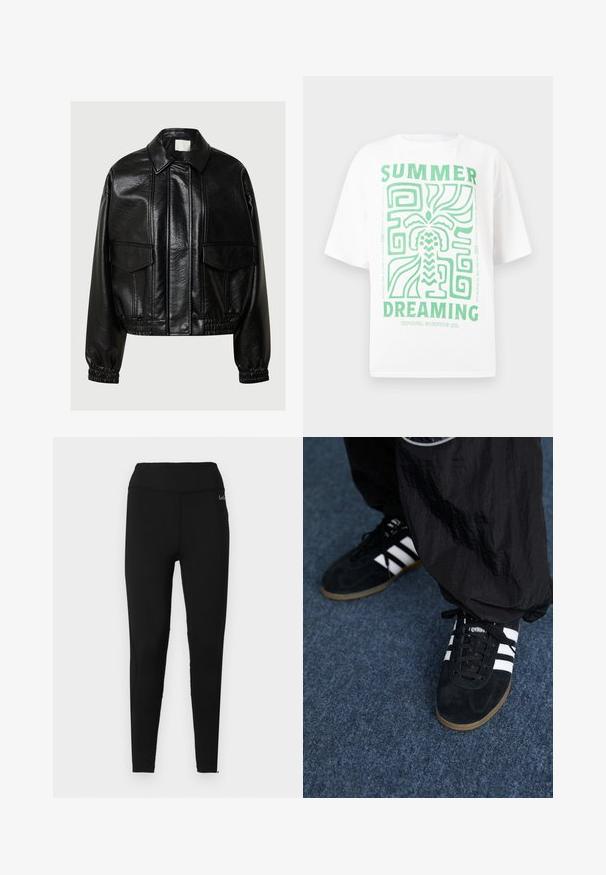 Sort kunstlæderjakke med spids krave, frontlommer med flap, elastiske manchetter og elastisk nederste kant på en grå baggrund.; Hvid bomulds T-shirt med et grønt grafisk design med teksten "SUMMER DREAMING" og et palmetræsmotiv. Korte ærmer, afslappet pasform.; Sorte højtaljede, fuldlængde leggings med en glat finish og et lille hvidt logo nær taljen på højre side.; Sorte suedetrainingssko med tre hvide striber og sorte snørebånd. Et tekstureret sort bukser er delvist synligt ved siden af skoene.