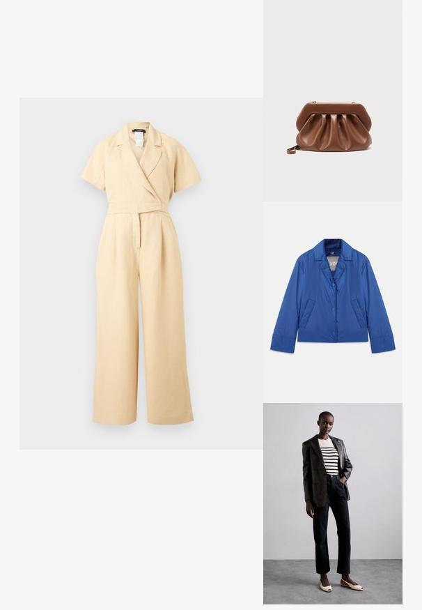Blå polstret jakke med krave, frontlukning med knapper og to sidelommer. Har en glat tekstur og et kort design.; Beige kortærmet jumpsuit med vide ben, omslagsstil V-hals og taljeret pasform, lavet af letvægtsstof.; GIABORGHINI VERA - Ballerina peep-toe - cream; Brun læderclutch med samlet design og struktureret topramme, der har en lille håndledsrem og detalje i guldfarvet lukning.