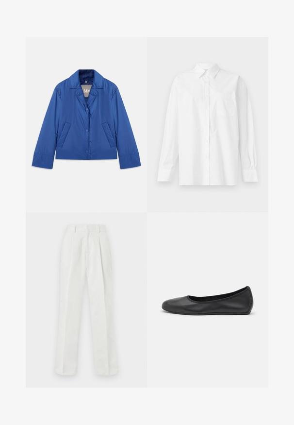 Blauwe gewatteerde jas met een kraag, sluiting met knopen aan de voorkant en twee zijzakken. Heeft een gladde textuur en een cropped ontwerp.; Witte langslavige shirt gemaakt van katoen, met een klassieke kraag, knoopsluiting en een enkele borstzak aan de linkerkant.; Witte, hoge taillebroek gemaakt van een gladde stof, met een rechte pijpdesign, geplooide voorkant en zijzakken.; Zwarte leren ballerina met een ronde neus, gladde textuur, minimale stikdetails en een flexibele zoolontwerp.