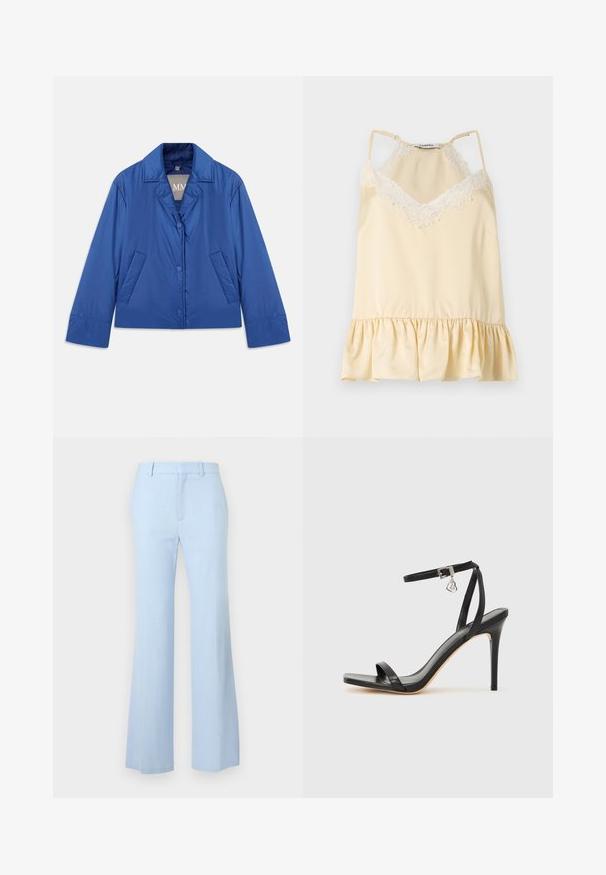 Blå polstret jakke med krave, frontlukning med knapper og to sidelommer. Har en glat tekstur og et kort design.; Cremefarvet satin camisole med hvidt blondetrim ved udskæringen, justerbare spaghetti-stropper og en flæset kant.; Lyseblå højtaljede bukser med sømlige ben, bæltestropper og skjult for-åbning på en ensfarvet baggrund.; Sort hæl-sandal med smal ankrem, firkantet tå-boks, glat lædermateriale og metalspænde som pynt.