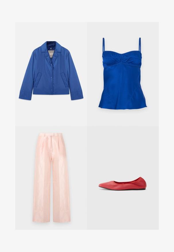 Veste rembourrée bleue avec un col, fermeture par boutons à l'avant et deux poches latérales. Elle présente une texture lisse et un design court.; Camisole en satin bleu avec des bretelles réglables, un décolleté froncé et un ourlet évasé. Texture lisse avec des détails de couture subtils.; Pantalons à taille haute ample de couleur rose clair, présentant une texture lisse et brillante, des plis à l'avant et une ceinture assortie.; Filippa K REY FLATS - Ballerines - bright red