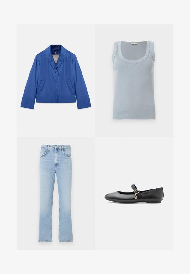 Blaue gepolsterte Jacke mit Kragen, vorderem Knopfverschluss und zwei Seitentaschen. Sie hat eine glatte Textur und ein cropped Design.; Hellblaues, geripptes, ärmelloses Tanktop mit Rundhalsausschnitt und Drykorn-Etikett am Rückenkragen, flach auf weißer Oberfläche liegend.; Hellblaue Denim-Jeans mit geradem Bein, hohem Bund und sanften Ausbleichungen. Verfügt über klassisches Fünf-Taschen-Design und einen Reißverschluss.; Schwarzer Mary Jane Ballerina aus Leder mit einer kleinen goldenen Schnalle und einem runden Anhänger vor weißem Hintergrund.